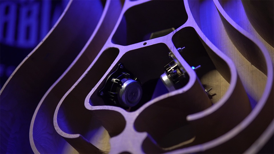 Close-up of the guitar’s internal folded-horn pathways