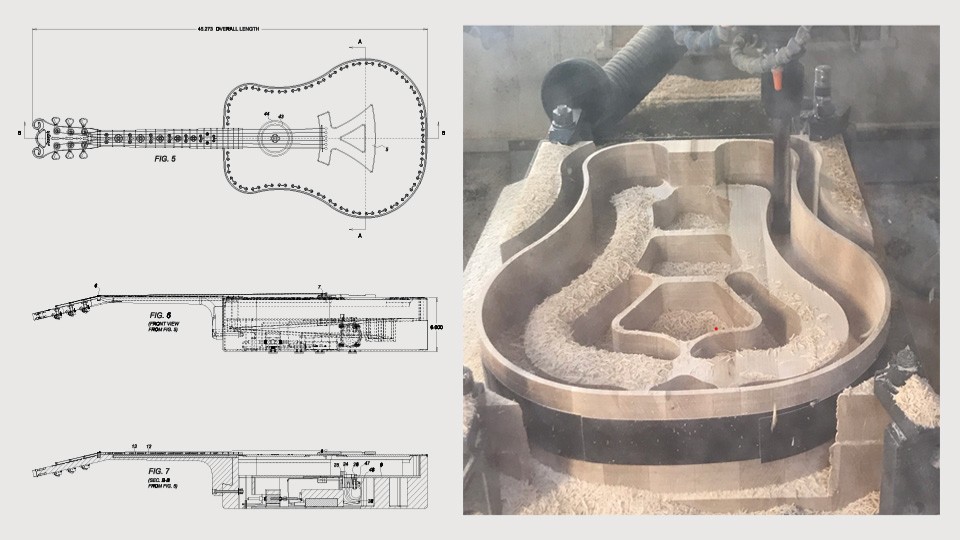 Left: Patent drawing of the folded horn acoustic guitar I Right: CNC-milled guitar body