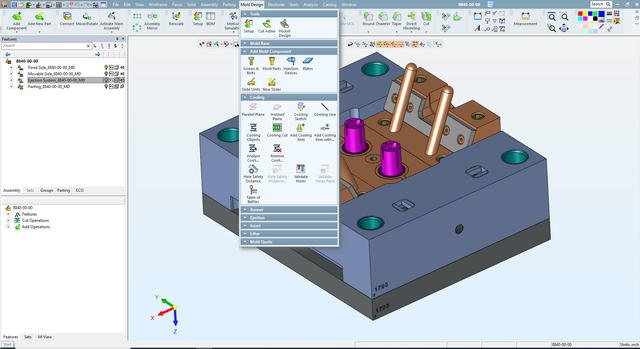 Cavity half of a 2-cavity mold design showing mold design menu in Cimatron