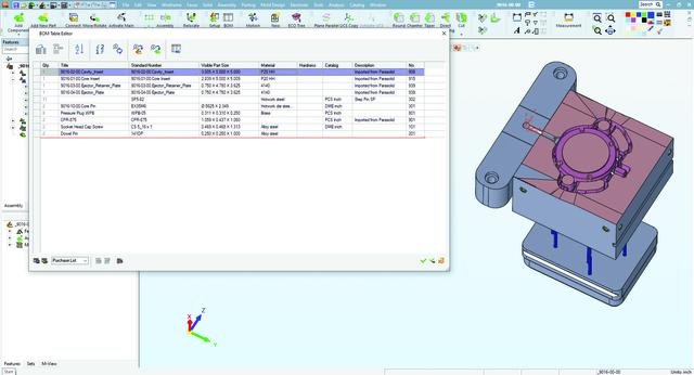 Cimatron BOM table editor for core side of mold base inserts set