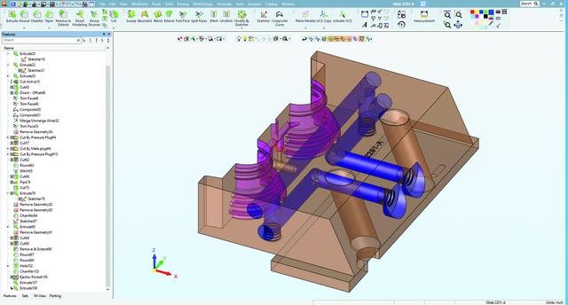 Slide in transparent showing water circuit and part details for a 2-cavity slide mold in Cimatron