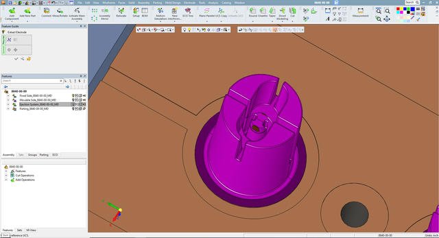 Close up of cavity half of a 2-cavity mold design in Cimatron showing cavity detail insert