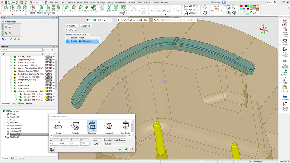 Construction of 3D runner design based upon constant volume of vertical orientation and section orientation