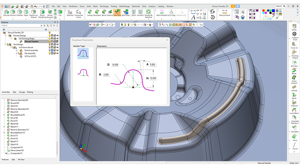 Easily build 3D drawbead geometry to control material flow during the drawing operation