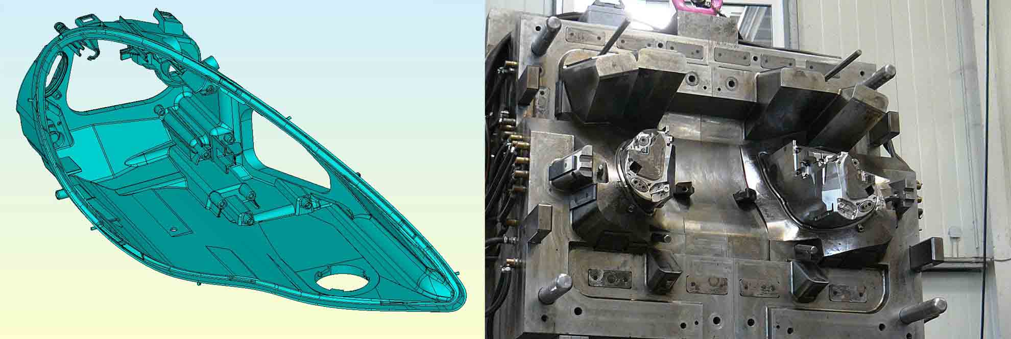 Bild links: Scheinwerfergehäuse für einen Luxussportwagen. Für die Produktion müssen 2,5 m³ Stahlform auf die Spritzgießmaschine montiert werden. Im Bild rechts eine Formhälfte des zugehörigen Werkzeugs.